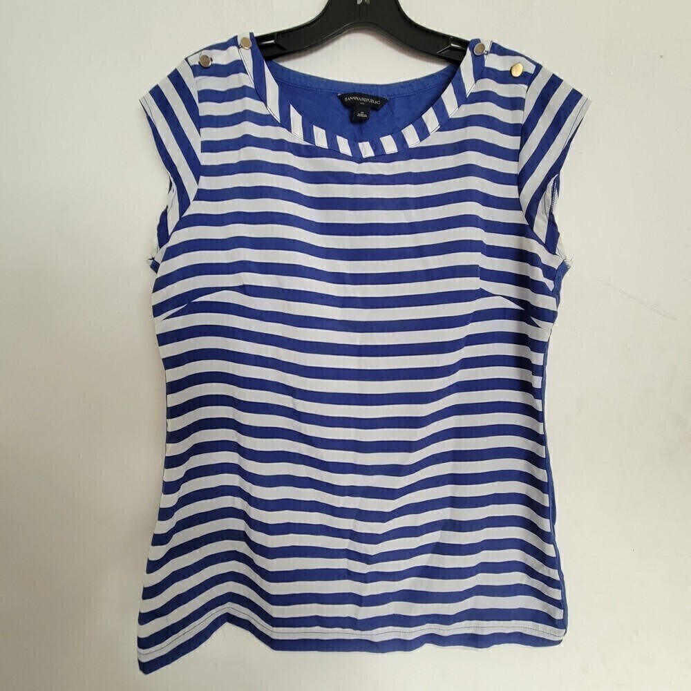 Banana Republic Stripes Royal Blue White Short Sleeve Blouse Top Size Medium